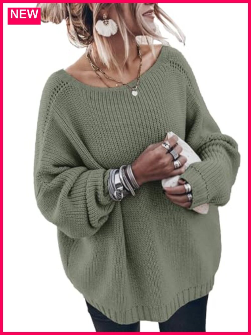 Women's Oversized Cotton Sweater Long Sleeve Loose Knit Pullover